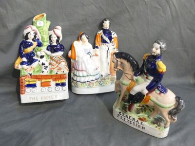 three ceramic figurines of people riding horses on a gray background
