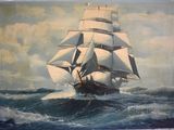 painting of a sailing ship in the ocean with a sky background