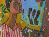 une peinture à l'huile représentant une femme tenant un livre devant un tableau