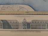 un dessin représentant un grand bâtiment surmonté d'une horloge