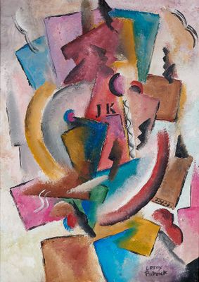 abstract painting of a man with a guitar and a woman