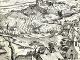 drawing of a landscape with a village and a mountain in the background