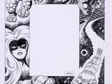 a black and white drawing of a frame with a picture of a woman surrounded by other people
