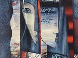 tableau représentant le visage d'une femme derrière des barreaux, avec le ciel en arrière-plan