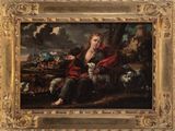 an image of a painting of a man sitting on a bench with a sheep