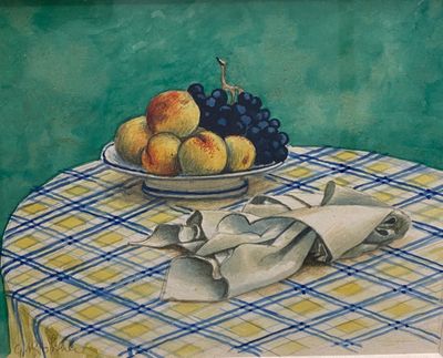 a painting of a bowl of fruit on a table