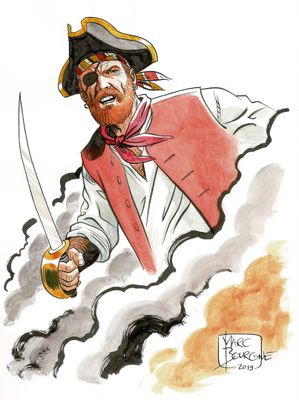 dessin représentant un homme en costume de pirate tenant une épée