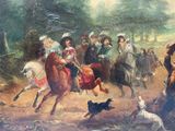 a painting of a man riding a horse next to a group of people