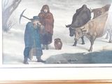 a picture of a painting of people and animals in the snow