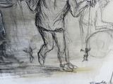 dessin représentant un homme avec un chapeau et une canne marchant dans une rue