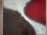 abstract painting of a red and white swirl in a wooden frame