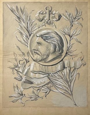 dessin représentant le portrait d'un homme barbu tenant un oiseau dans une couronne