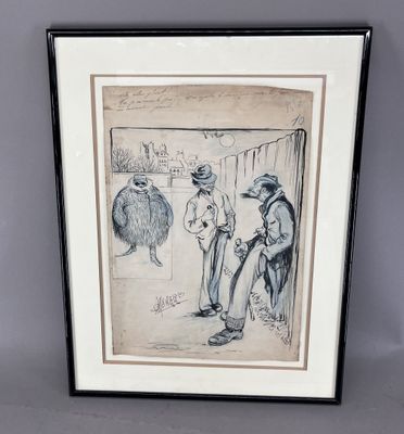 dessin représentant un homme et une femme debout devant un mouton