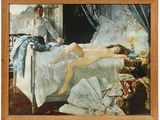 un tableau représentant une femme allongée sur un lit à côté d'un homme nu