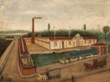 painting of a view of a factory with a horse drawn carriage in the foreground