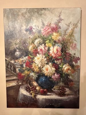 a painting of a vase of flowers on a table