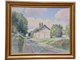 une peinture à l'huile représentant une grange dans un décor champêtre