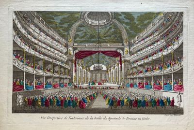 un vieux dessin représentant un grand auditorium rempli de monde