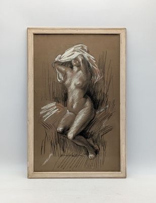dessin représentant une femme nue en train de lire un livre, dans un cadre en bois
