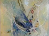abstract painting of a blue and white boat in a white frame