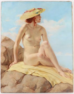 an image of a painting of a woman sitting on a rock