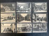 plusieurs vieilles photos en noir et blanc représentant des personnes et des chevaux dans une ville