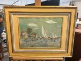 a picture of a painting on a easel with a man standing next to it