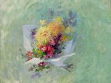 une peinture à l'huile représentant un bouquet de fleurs sur fond vert