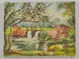 a painting of a waterfall in the middle of a forest