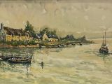 a painting of a boat in the water near a village