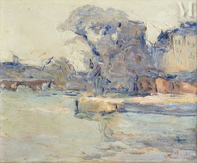 an image of a painting of cows grazing in a field