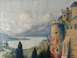 une peinture à l'huile représentant un château situé sur une falaise surplombant un lac