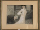 painting of a woman in a white dress standing next to a man in a black suit