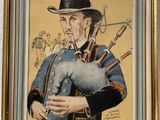 un vieux tableau représentant un homme coiffé d'un chapeau et tenant une cornemuse