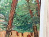 a picture of a painting of a house in the woods
