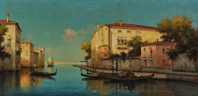 a painting of a canal with a boat in it