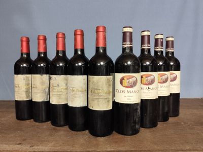 six bottles of red wine are lined up on a wooden table