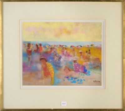 une peinture à l'huile représentant une scène de plage avec des gens sur le sable