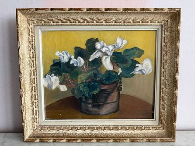 un tableau représentant une plante en pot posée sur une table