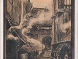 an image of a painting of a street scene with a horse and carriage in the foreground