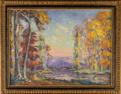 an oil painting of a landscape with trees and a body of water