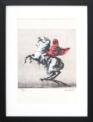 a black and white drawing of a man on a horse with a red cape