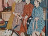 a painting of a man riding a horse with a group of people