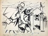 drawing of a man and a woman walking in the rain