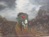 a painting of a horse drawn carriage being pulled by two horses