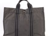 grey canvas tote bag with black stripes