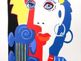a picture of a painting of a woman holding a cell phone