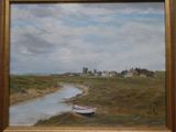 un tableau représentant un bateau sur les rives d'une rivière