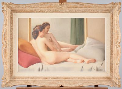 painting of a nude woman sitting on a bed in a room