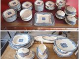 two pictures of a table with a lot of plates and bowls